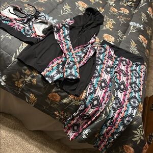 3 pieces workout gear: Crazy Train Multicolor Jacket, pants & sports bra